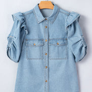 Solid Denim Ruffle Puff Sleeve Buttoned Shirt