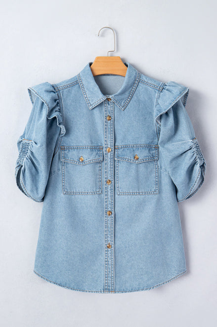 Solid Denim Ruffle Puff Sleeve Buttoned Shirt