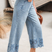 Solid Denim Embroidered Wide Leg Jeans