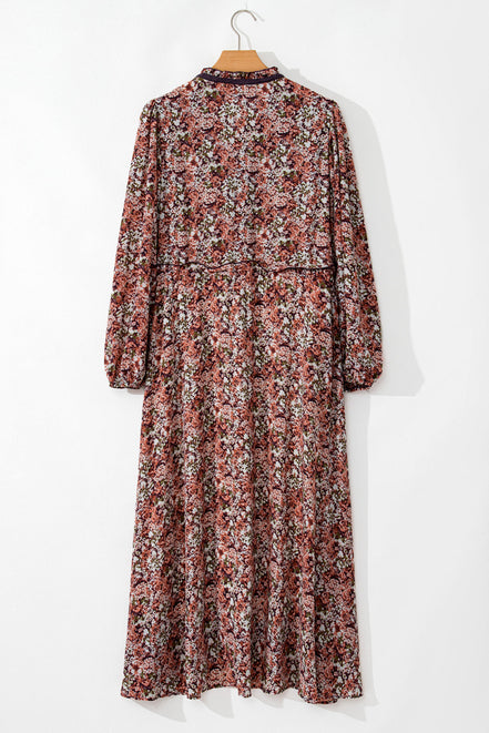 Floral Frilled V-Neck Split Front Tiered Midi Dress