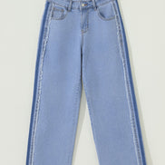 Denim Frayed Raw Edge Stripe Side Panel Jeans