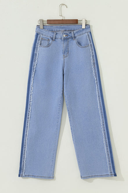 Denim Frayed Raw Edge Stripe Side Panel Jeans