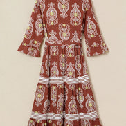 Floral Boho Belted Stripe Trim Tiered Midi Dress