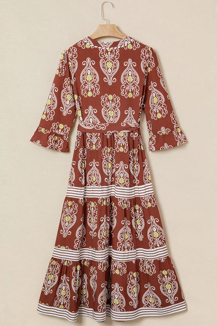 Floral Boho Belted Stripe Trim Tiered Midi Dress
