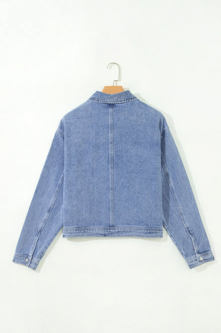 Denim Studded Pockets Zip-Up Long Sleeve Jacket