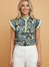 Floral Ruffle Short Sleeve Half Buttoned Blouse