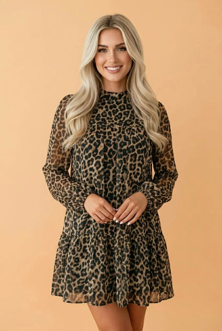 Leopard Long Sleeve Shift Mini Dress