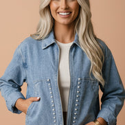 Denim Studded Pockets Zip-Up Long Sleeve Jacket