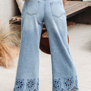 Solid Denim Embroidered Wide Leg Jeans