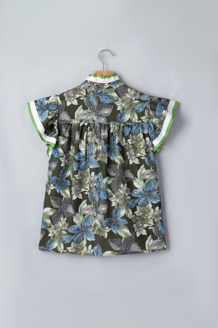 Floral Ruffle Short Sleeve Half Buttoned Blouse