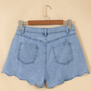 Solid Denim Scalloped Trim High Waist Shorts