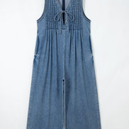 Acid Wash Denim Pleated Tie V-Neck Jumpsuit