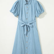 Solid Denim Collared Bubble Sleeve Buttoned Midi Dress