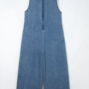 Acid Wash Denim Pleated Tie V-Neck Jumpsuit