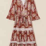 Floral Boho Belted Stripe Trim Tiered Midi Dress