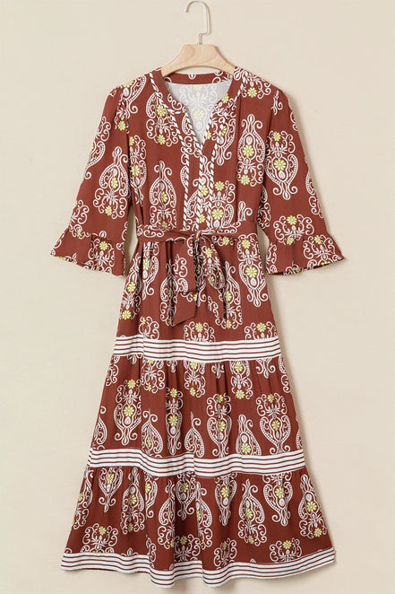 Floral Boho Belted Stripe Trim Tiered Midi Dress