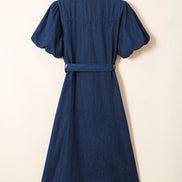Solid Denim Collared Bubble Sleeve Buttoned Midi Dress