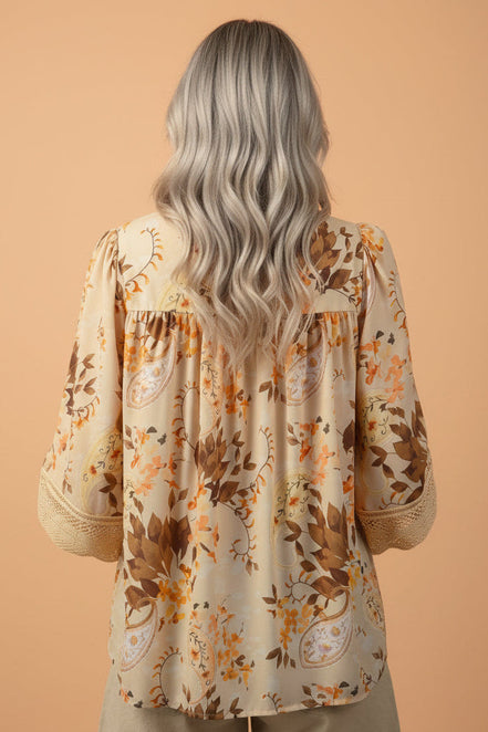 Paisley Lace Patchwork Long Sleeve V-Neck Blouse