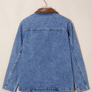 Denim Leather Collar Pocketed Button Front Jacket