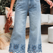 Solid Denim Embroidered Wide Leg Jeans