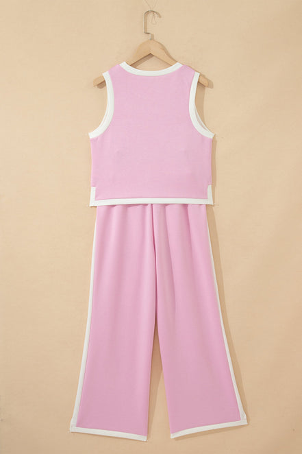 Colorblock Cropped Tank & Elastic Waist Pants Set