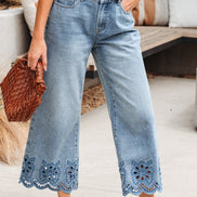 Solid Denim Embroidered Wide Leg Jeans