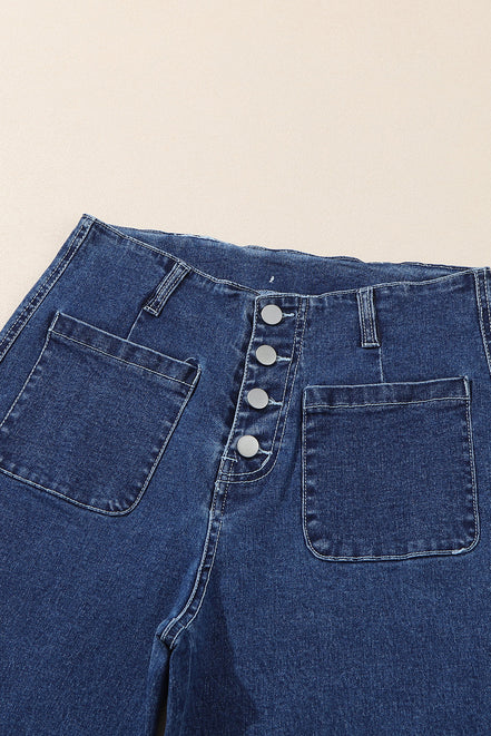 Buttoned High Waist Wide Leg Cropped Jeans