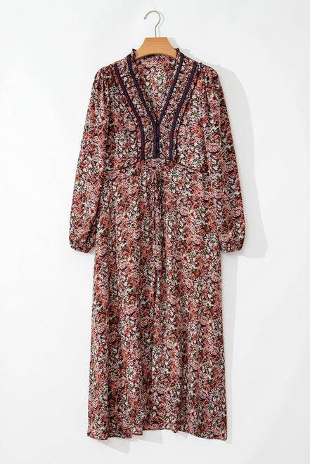 Floral Frilled V-Neck Split Front Tiered Midi Dress