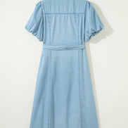 Solid Denim Collared Bubble Sleeve Buttoned Midi Dress