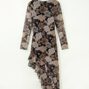 Floral Long Sleeve Asymmetric Ruffle Split Hem Mesh Dress