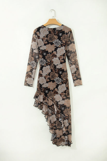 Floral Long Sleeve Asymmetric Ruffle Split Hem Mesh Dress