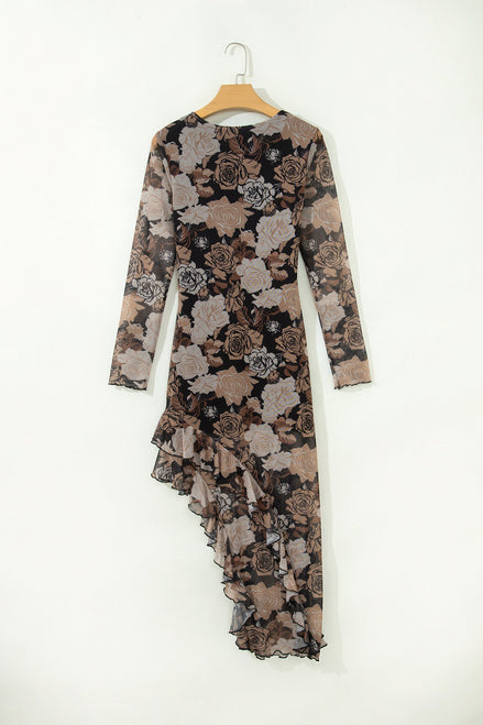 Floral Long Sleeve Asymmetric Ruffle Split Hem Mesh Dress