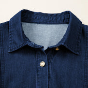 Solid Denim Collared Bubble Sleeve Buttoned Midi Dress