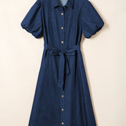 Solid Denim Collared Bubble Sleeve Buttoned Midi Dress