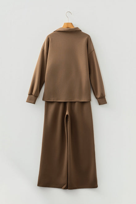 Solid V-Neck Top & High Waist Pants Set