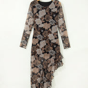 Floral Long Sleeve Asymmetric Ruffle Split Hem Mesh Dress