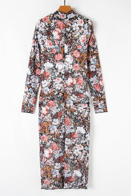 Floral Mock Neck Long Sleeve Bodycon Midi Dress