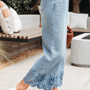 Solid Denim Embroidered Wide Leg Jeans