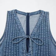 Acid Wash Denim Pleated Tie V-Neck Jumpsuit
