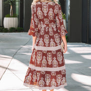 Floral Boho Belted Stripe Trim Tiered Midi Dress