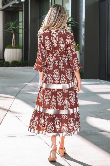 Floral Boho Belted Stripe Trim Tiered Midi Dress
