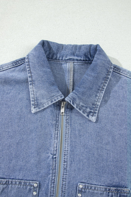 Denim Studded Pockets Zip-Up Long Sleeve Jacket