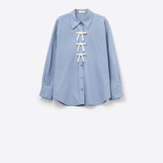 Blue Oversized Poplin Shirt With White Beaded Bow Buttons