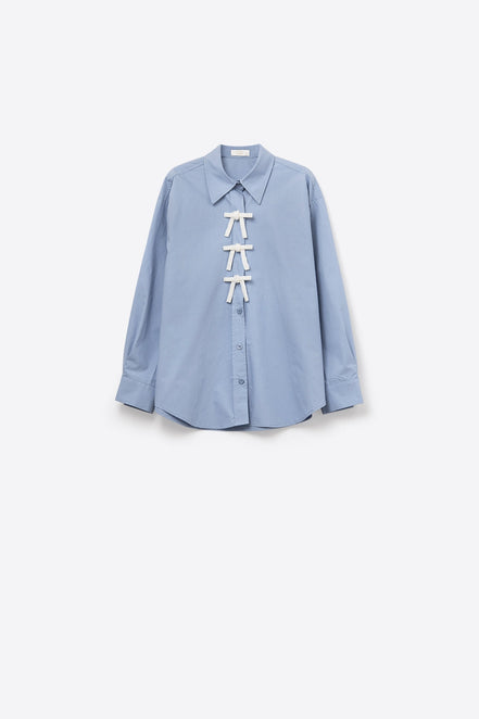 Blue Oversized Poplin Shirt With White Beaded Bow Buttons