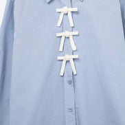 Blue Oversized Poplin Shirt With White Beaded Bow Buttons