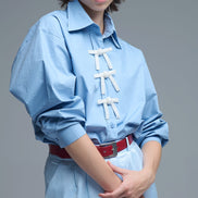 Blue Oversized Poplin Shirt With White Beaded Bow Buttons