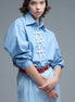 Blue Oversized Poplin Shirt With White Beaded Bow Buttons