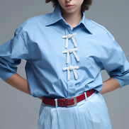 Blue Oversized Poplin Shirt With White Beaded Bow Buttons