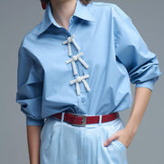 Blue Oversized Poplin Shirt With White Beaded Bow Buttons