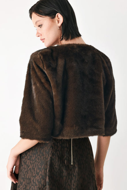 COCOON CHARM BROWN FAUX FUR CROPPED JACKET
